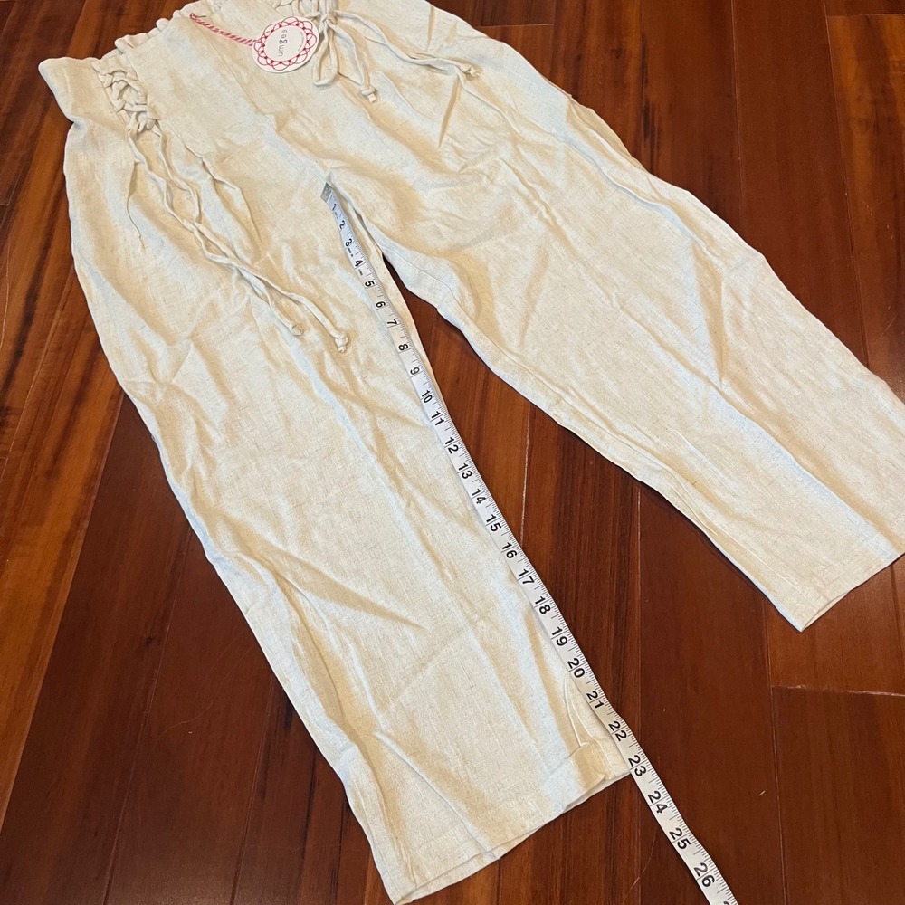 Umgee Linen Pants Wide Leg Paperbag Tie Lace Up Elastic Beige Oatmeal New Large - Picture 7 of 10